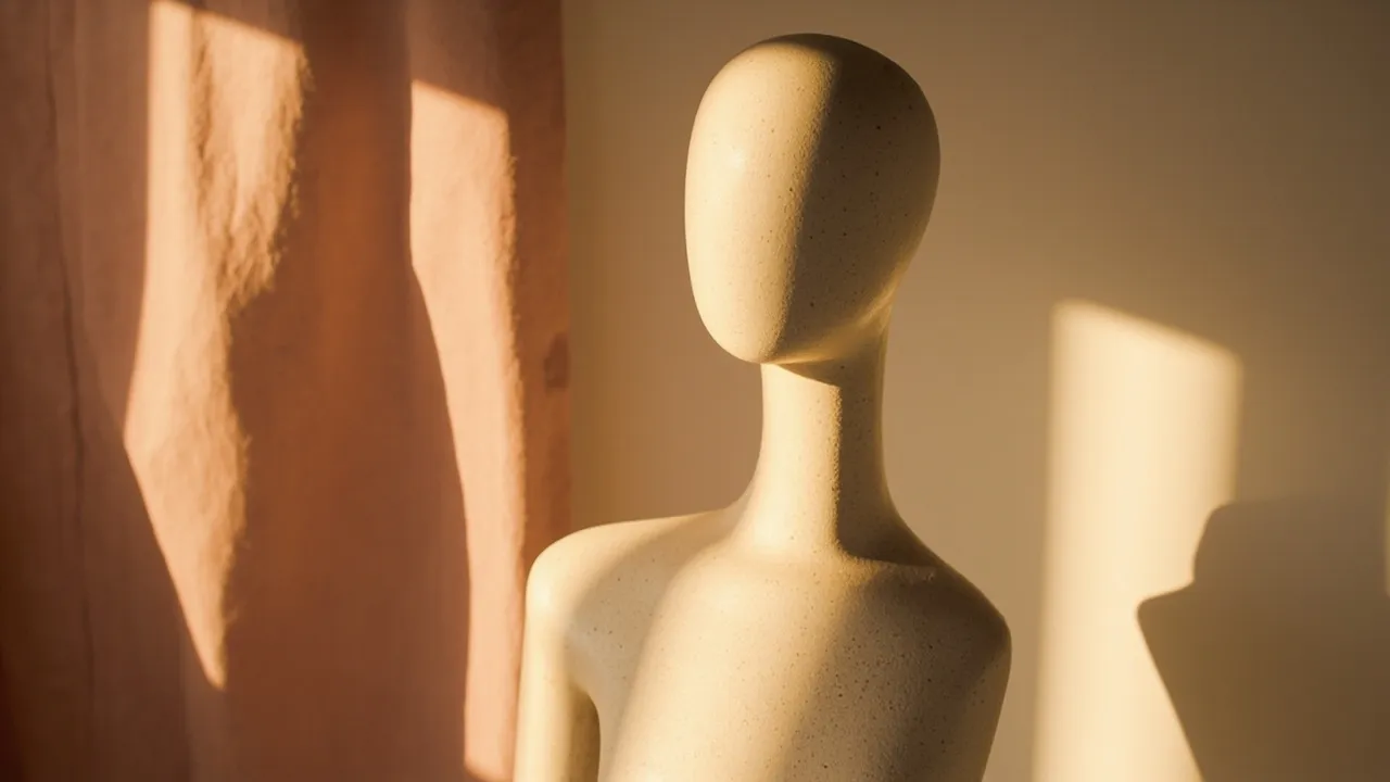 Symbolbild: ein editorisches Mode-Shootingset mit einem Mannequin in goldenem Tageslicht, Kamera auf Stativ und weichen Stoffbahnen im Hintergrund