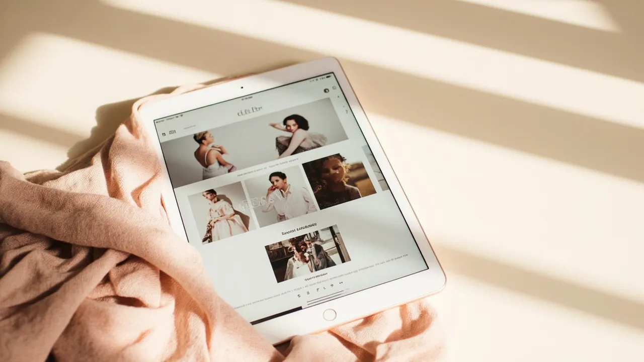 Symbolbild: ein Tablet zeigt das kuratierte Sortiment einer kleinen Mode-Boutique mit Stoffmustern und einem Saison-Lookbook